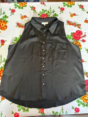 Skies Are Blue Black Satin Button Front Collared Dress Tank Size 1X